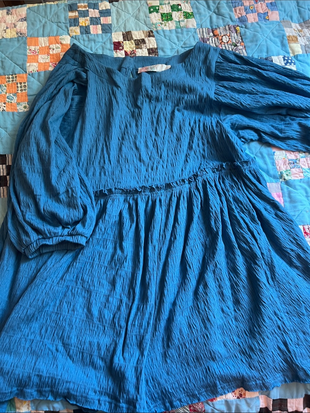 FP Beach Blue Crinkle Textured Romper with Balloon Sleeves
